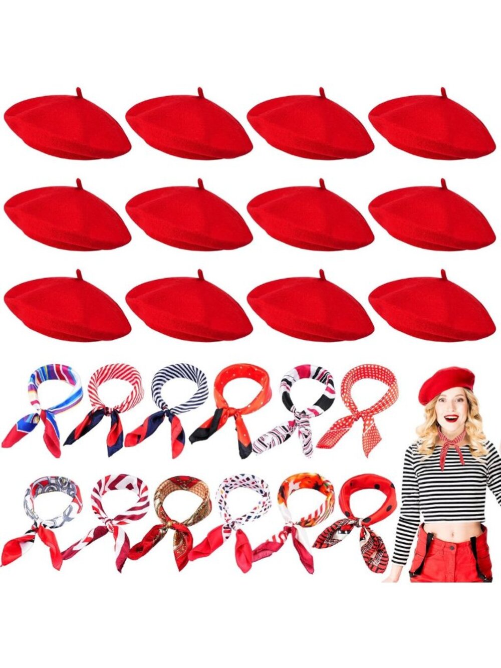 24 Pcs Wool Beret Hat Set with Silk Scarf - Fashion Accessories for Stylish